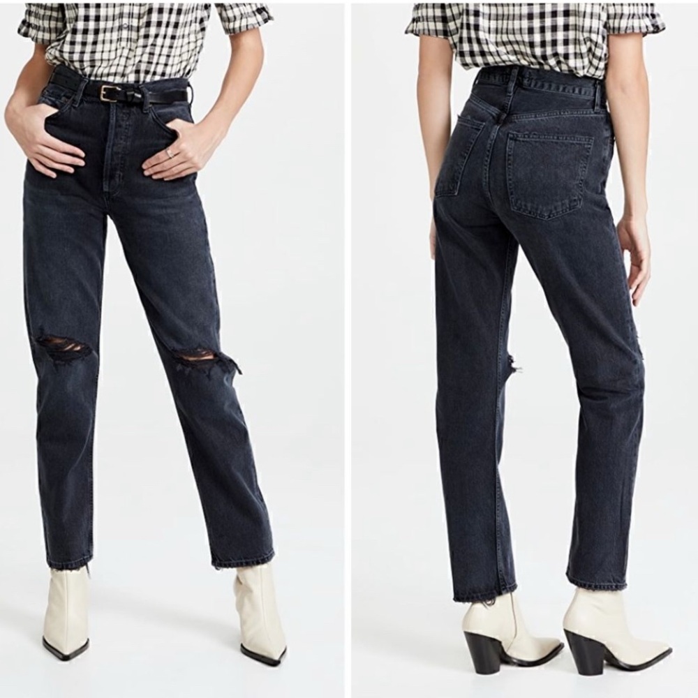 Agolde 90's Pinch Waist High Rise Straight Leg Jeans Distressed Black Size 27